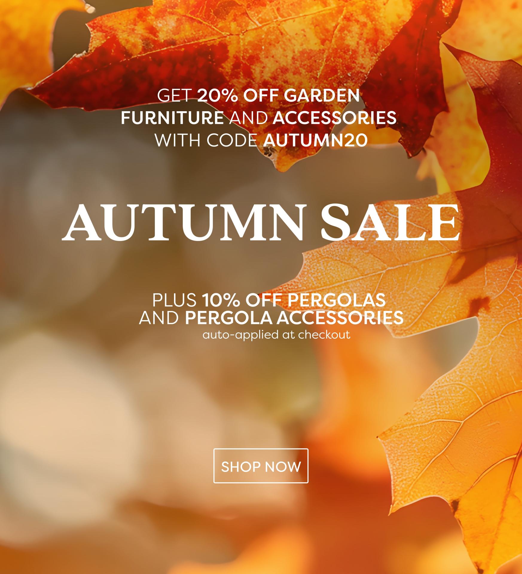 A banner showing a discount code of AUTUMN20 for all garden furniture