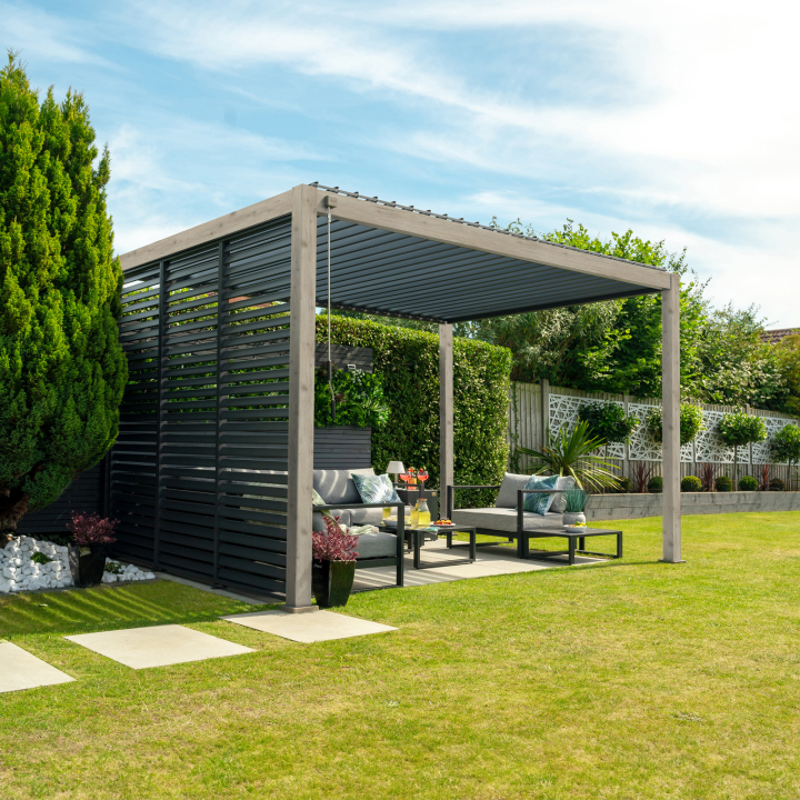 Titan Aluminium Metal Pergola in Light Oak Look