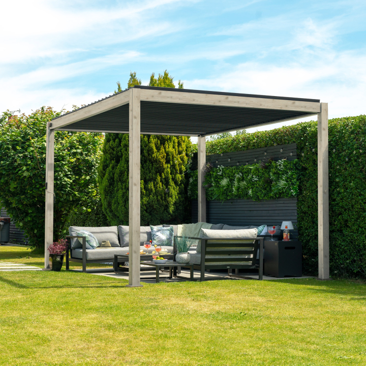 Titan Aluminium Metal Pergola in Light Oak Look