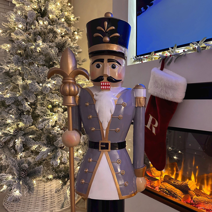 Norbert Christmas Nutcracker Figure with Staff in Winter Grey