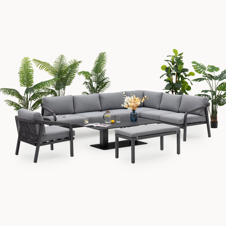 Teagan Aluminium Rope Large Corner Lounge Dining Set with Rising Table in Persian Grey