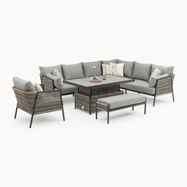 Sophia L-Shaped Corner Rattan Aluminium Lounge Dining Set Armchair and Bench