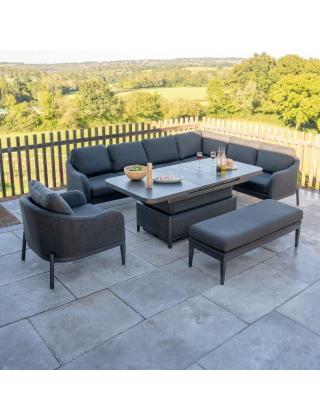 Duke L-Shaped Corner All Weather Fabric Aluminium Lounge Dining Set with Armchair and Bench - Right Handed Rising Extending Table in Charcoal Grey