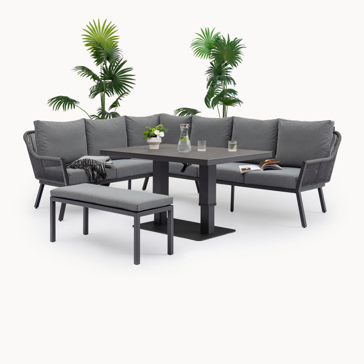 Darcey L-Shaped Corner Rope Aluminium Lounge Dining Set with Bench