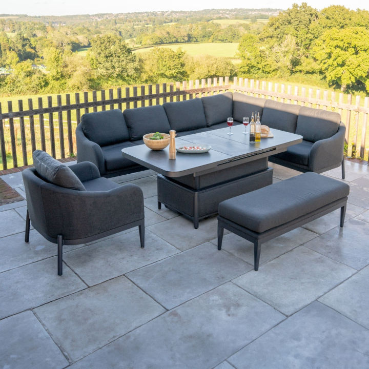 Duke L-Shaped Corner All Weather Fabric Aluminium Lounge Dining Set with Armchair and Bench - Right Handed Rising Extending Table in Charcoal Grey