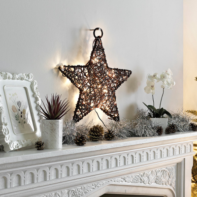 Small Rattan LED Star Hanging Decoration in Brown