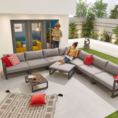 Alessandria Aluminium Deluxe Corner Sofa Lounging Set with Footstool with Nested Coffee Table & No Armchairs in Graphite Grey