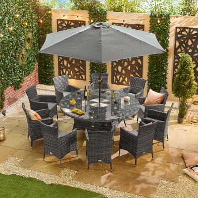 Amelia 10 Seat Rattan Dining Set - Round Ice Bucket Table in Grey Rattan