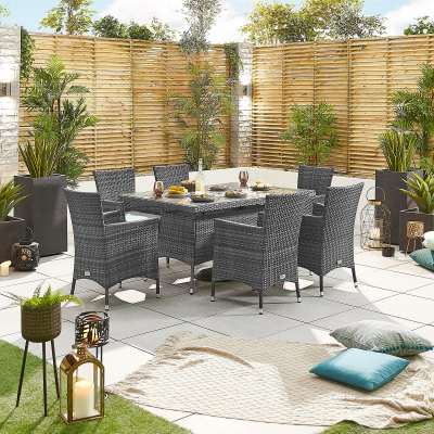 Amelia 6 Seat Rattan Dining Set - Rectangular Table in Grey Rattan