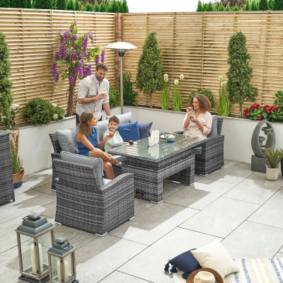 Cambridge 3 Seater Rattan Lounge Dining Set with 2 Armchairs - Rising Table in Grey Rattan