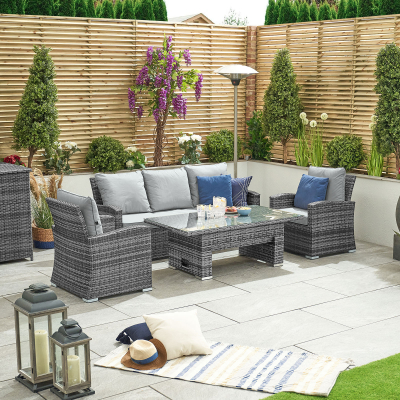 Cambridge 3 Seater Rattan Lounge Dining Set with 2 Armchairs - Rising Table in Grey Rattan