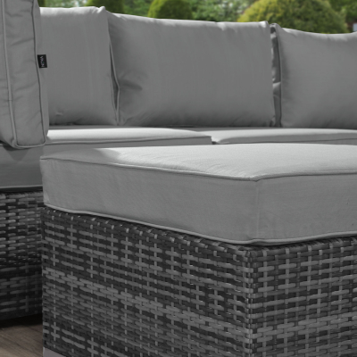 Chelsea Rattan Corner Sofa Lounging Set with Footstool & Coffee Table with Fire Pit Dining Table & No Ice Buckets in Grey Rattan