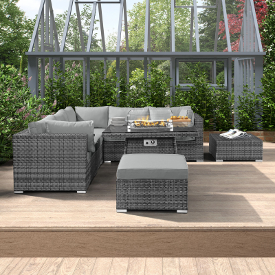 Chelsea Rattan Corner Sofa Lounging Set with Footstool & Coffee Table with Fire Pit Dining Table & No Ice Buckets in Grey Rattan