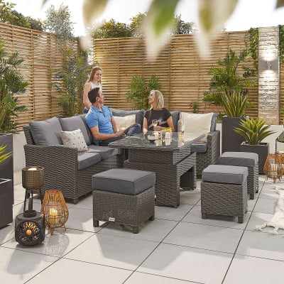 Ciara L-Shaped Corner Rattan Lounge Dining Set with 3 Stools - Right Handed Rising with Parasol Hole Table in Slate Grey