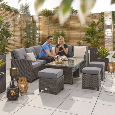 Ciara L-Shaped Corner Rattan Lounge Dining Set with 3 Stools - Right Handed Rising with Parasol Hole Table in Slate Grey