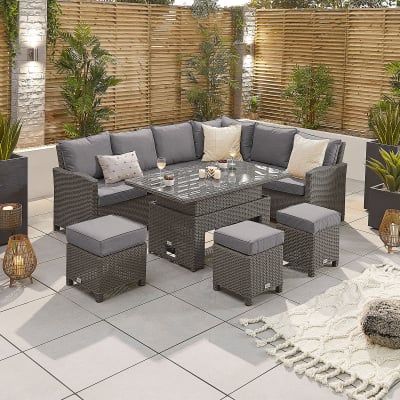 Ciara L-Shaped Corner Rattan Lounge Dining Set with 3 Stools - Right Handed Rising with Parasol Hole Table in Slate Grey