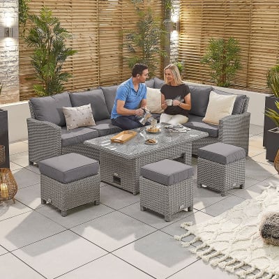 Ciara L-Shaped Corner Rattan Lounge Dining Set with 3 Stools - Right Handed Rising with Parasol Hole Table in White Wash