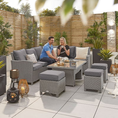 Ciara L-Shaped Corner Rattan Lounge Dining Set with 3 Stools - Right Handed Rising with Parasol Hole Table in White Wash