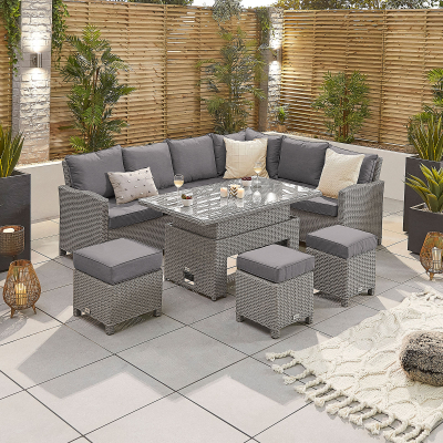 Ciara L-Shaped Corner Rattan Lounge Dining Set with 3 Stools - Right Handed Rising with Parasol Hole Table in White Wash