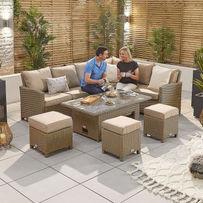 Ciara L-Shaped Corner Rattan Lounge Dining Set with 3 Stools - Right Handed Rising with Parasol Hole Table in Willow