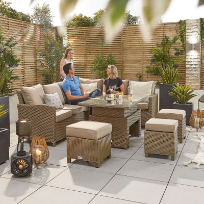 Ciara L-Shaped Corner Rattan Lounge Dining Set with 3 Stools - Right Handed Rising with Parasol Hole Table in Willow