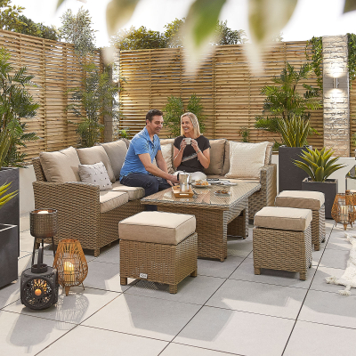 Ciara L-Shaped Corner Rattan Lounge Dining Set with 3 Stools - Right Handed Rising with Parasol Hole Table in Willow