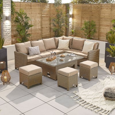 Ciara L-Shaped Corner Rattan Lounge Dining Set with 3 Stools - Right Handed Rising with Parasol Hole Table in Willow