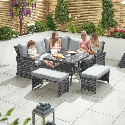 Cambridge Compact Corner Rattan Lounge Dining Set with 2 Stools - Square Parasol Hole Table in Grey Rattan