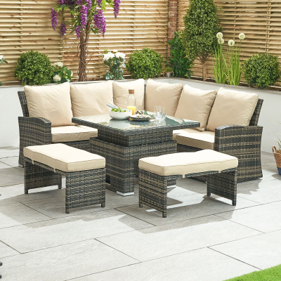 Cambridge Compact Corner Rattan Lounge Dining Set with 2 Stools - Square Rising Table in Brown Rattan