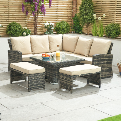 Cambridge Compact Corner Rattan Lounge Dining Set with 2 Stools - Square Rising Table in Brown Rattan