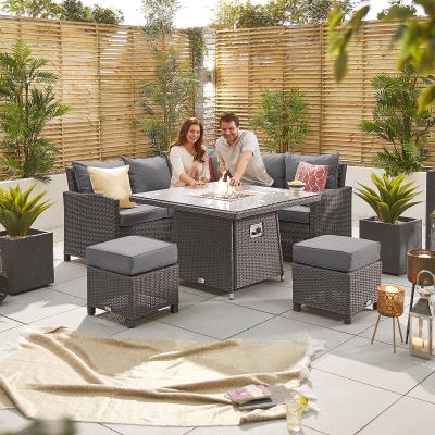 Ciara Compact Corner Rattan Lounge Dining Set with 2 Stools - Square Gas Fire Pit Table in Slate Grey