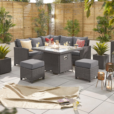 Ciara Compact Corner Rattan Lounge Dining Set with 2 Stools - Square Gas Fire Pit Table in Slate Grey