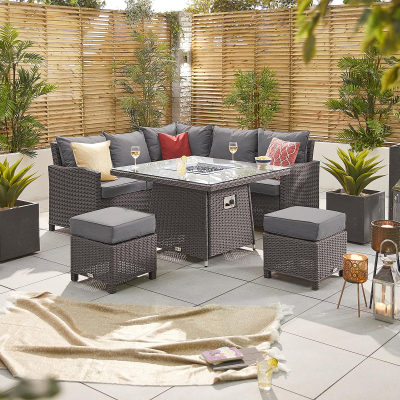 Ciara Compact Corner Rattan Lounge Dining Set with 2 Stools - Square Gas Fire Pit Table in Slate Grey