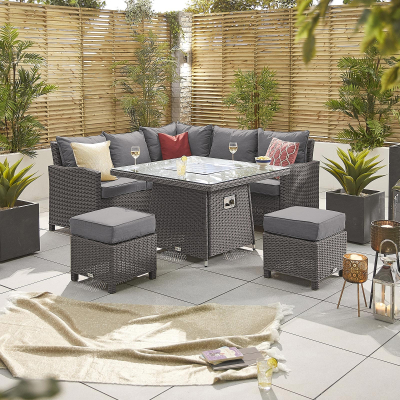 Ciara Compact Corner Rattan Lounge Dining Set with 2 Stools - Square Gas Fire Pit Table in Slate Grey