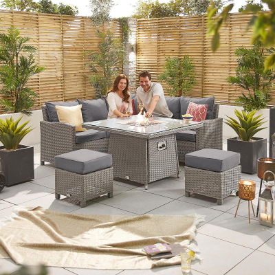 Ciara Compact Corner Rattan Lounge Dining Set with 2 Stools - Square Gas Fire Pit Table in White Wash