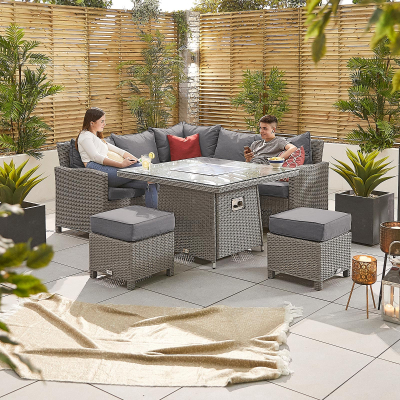 Ciara Compact Corner Rattan Lounge Dining Set with 2 Stools - Square Gas Fire Pit Table in White Wash