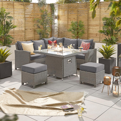 Ciara Compact Corner Rattan Lounge Dining Set with 2 Stools - Square Gas Fire Pit Table in White Wash