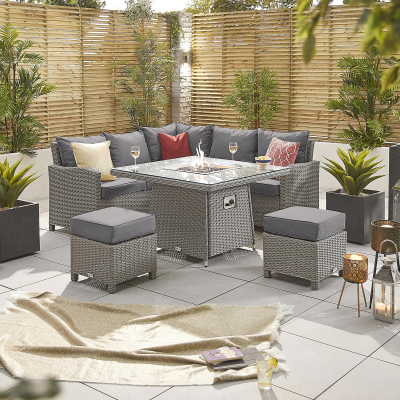 Ciara Compact Corner Rattan Lounge Dining Set with 2 Stools - Square Gas Fire Pit Table in White Wash