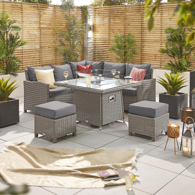 Ciara Compact Corner Rattan Lounge Dining Set with 2 Stools - Square Gas Fire Pit Table in White Wash