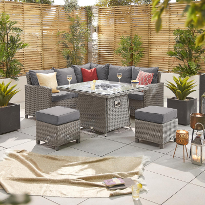 Ciara Compact Corner Rattan Lounge Dining Set with 2 Stools - Square Gas Fire Pit Table in White Wash