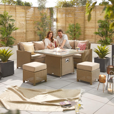 Ciara Compact Corner Rattan Lounge Dining Set with 2 Stools - Square Gas Fire Pit Table in Willow