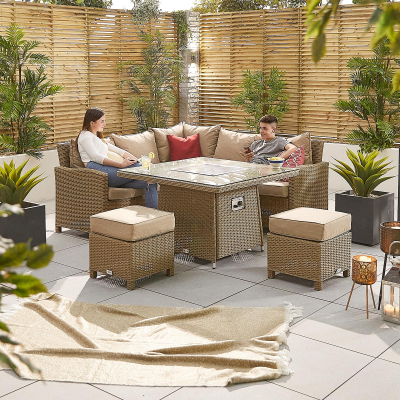 Ciara Compact Corner Rattan Lounge Dining Set with 2 Stools - Square Gas Fire Pit Table in Willow