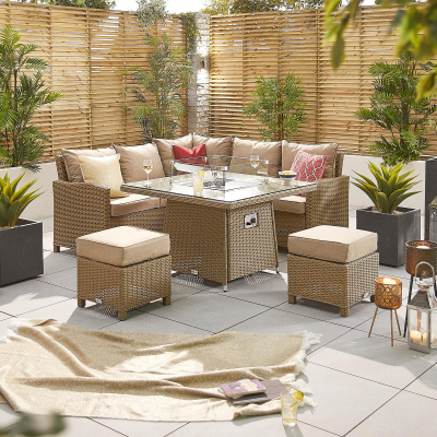 Ciara Compact Corner Rattan Lounge Dining Set with 2 Stools - Square Gas Fire Pit Table in Willow