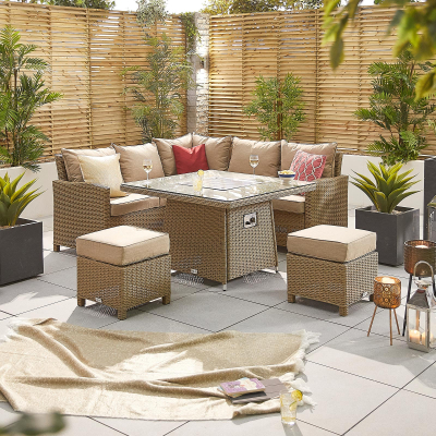 Ciara Compact Corner Rattan Lounge Dining Set with 2 Stools - Square Gas Fire Pit Table in Willow