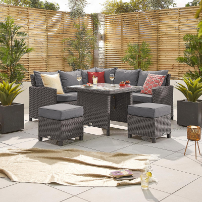 Ciara Compact Corner Rattan Lounge Dining Set with 2 Stools - Square Parasol Hole Table in Slate Grey