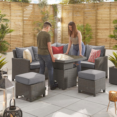 Ciara Compact Corner Rattan Lounge Dining Set with 2 Stools - Square Rising Table in Slate Grey