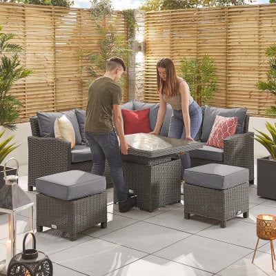 Ciara Compact Corner Rattan Lounge Dining Set with 2 Stools - Square Rising Table in Slate Grey