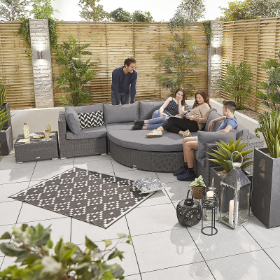 Heritage Hampton Rattan Curved Corner Sofa Lounging Set with Footstool & Side Table in Slate Grey