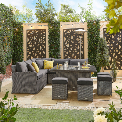 Ciara Deluxe Corner Rattan Lounge Dining Set with 4 Stools - Square Parasol Hole Table in Slate Grey