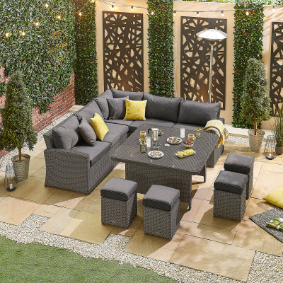 Ciara Deluxe Corner Rattan Lounge Dining Set with 4 Stools - Square Parasol Hole Table in Slate Grey